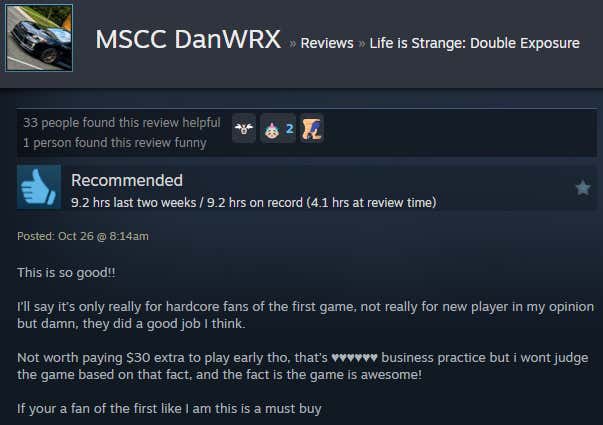 Screenshot showing a Steam review for Life is Strange: Double Exposure.